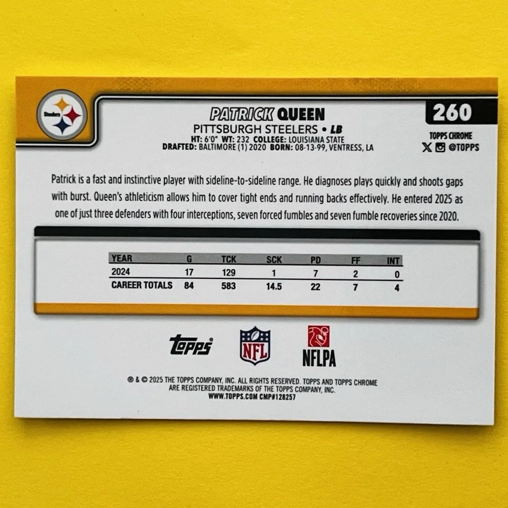 2025 Topps Chrome NFL Football Patrick Queen #260 Base Pittsburgh‎ Steelers